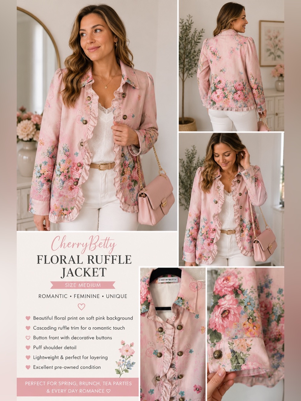 CherryBetty Pink Floral Ruffle Button Front Jacket Blazer Med Cottagecore Romant